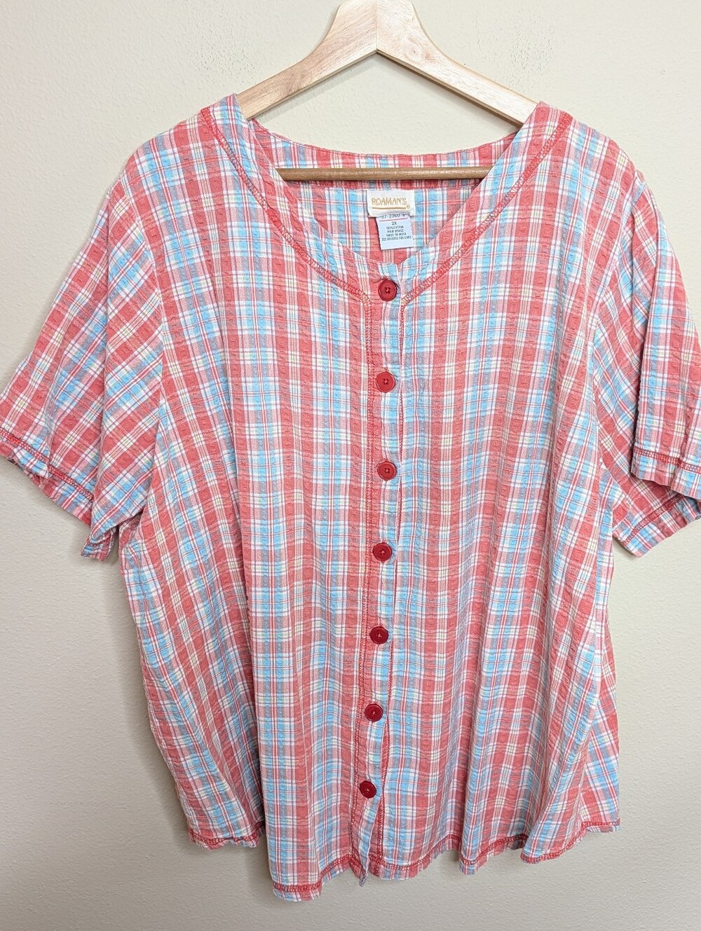 Roaman's Plaid Button Front Top‎ 2X Red Blue White Scalloped Hem Short Sleeve